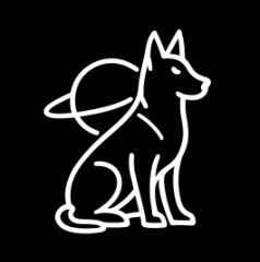 dog sitting with a planet hovering behind it.