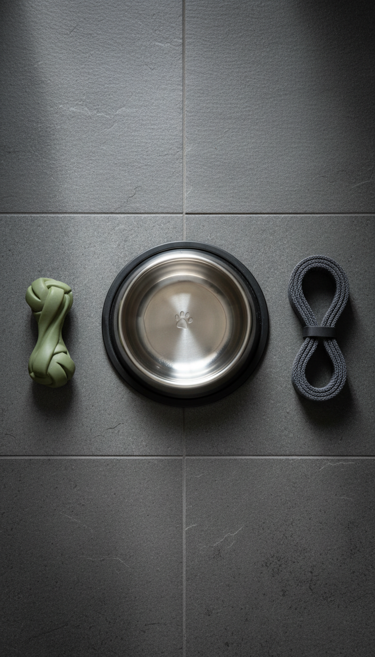 A sleek, stainless steel dog bowl with a matte finish and subtle engraved paw print detail sits atop a dark, textured slate floor. The bowl is perfectly centered within a symmetrical frame, surrounded by smooth, neatly styled pet accessories—a modern rubber chew toy and a folded charcoal-grey leash—arranged precisely to highlight order and cleanliness. Soft, diffused natural light filters in from the side, creating gentle highlights on the steel and subtle shadows on the slate, enhancing surface textures. The mood is calm, professional, and polished, captured from an overhead bird’s-eye view with sharp focus throughout. The overall visual style is high-end photographic realism with a structured, corporate layout that aligns with the blog’s modern, expert tone.