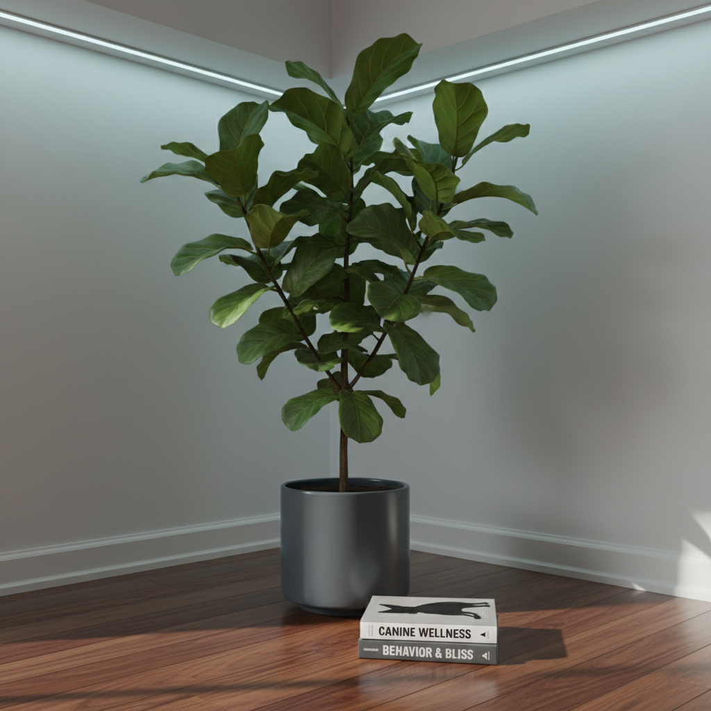 A lush, healthy fiddle-leaf fig plant growing in a minimalist slate-gray ceramic pot, positioned in the corner of a contemporary living room on a rich, warm walnut-wood floor. Around the base of the plant is a selection of neatly stacked hardcover books about dog care, each with sleek, monochrome covers. Cool artificial ambient light softly illuminates the scene, casting smooth shadows and accentuating the waxy green textures of the leaves. The atmosphere is serene, organized, and intellectually stimulating, captured from a slightly elevated angle with balanced composition using the rule of thirds. The image style is photographic, crisp, and clean, supporting the idea of a modern pet-friendly home for thoughtful caregivers.